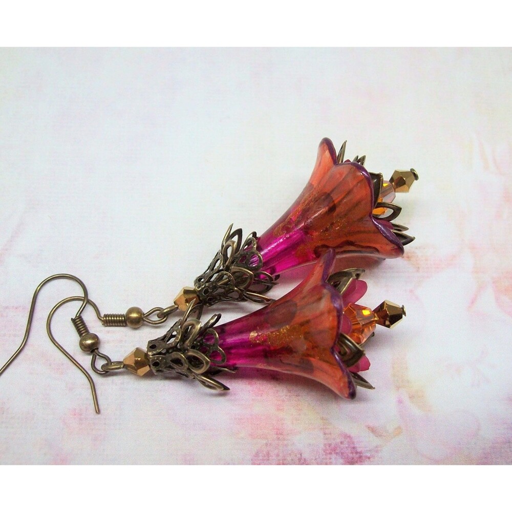 Boho Flower Earrings, Vintage Style, Antique Bronze, Hand Painted, Artisan Craft